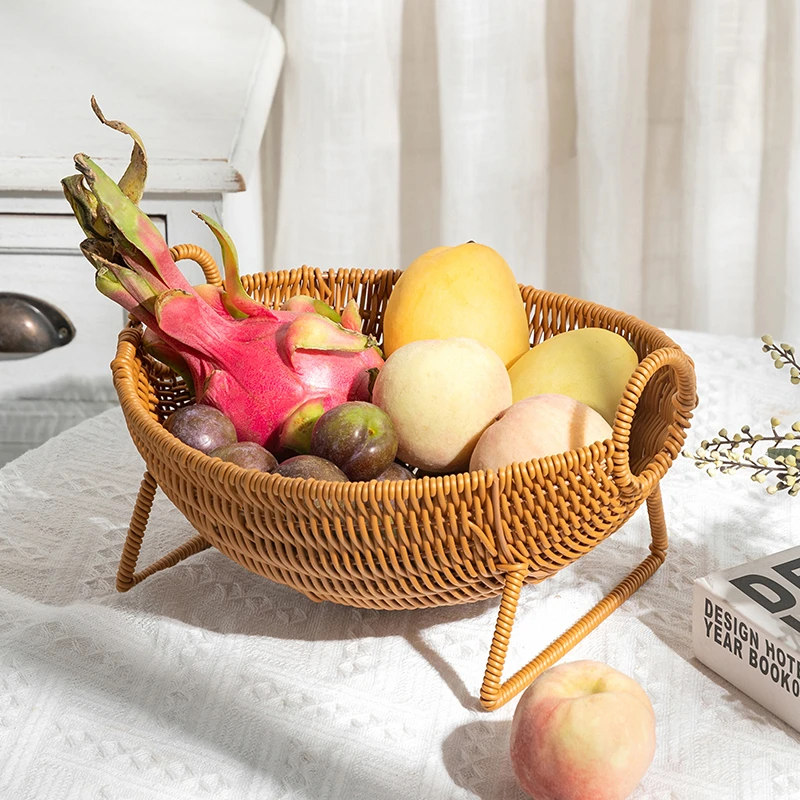 椭圆形创意水果篮仿藤零食收纳篮手工蔬菜篮野餐蓝手工编织点心en