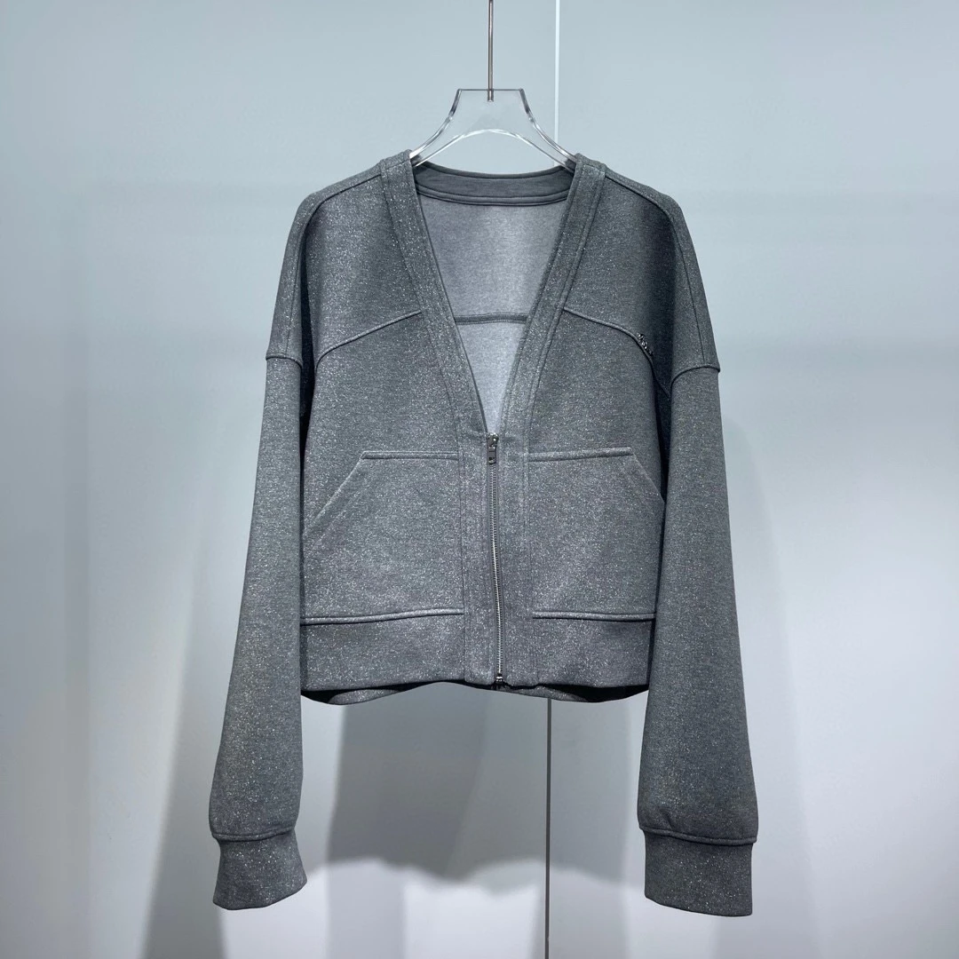 艾家商场同款2025春季时尚V宽松卫衣外套灰色百搭国内设计1006