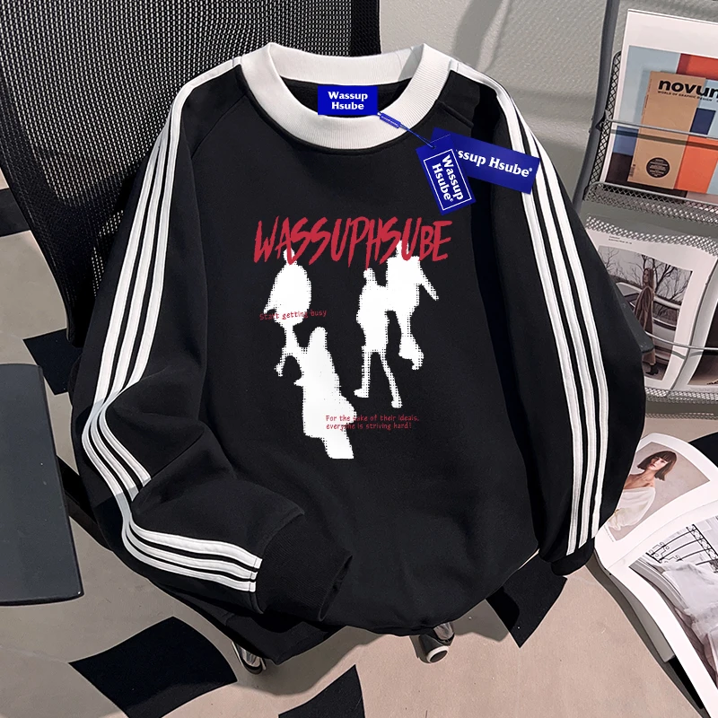 WASSUP HSUBE美式潮酷高街男士圆领卫衣重磅国潮牌三条杠宽松上衣