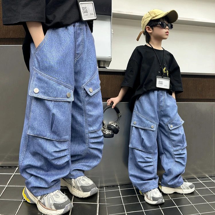 儿童韩版直筒大口袋裤潮童复古字母牛仔长裤男童帅气休闲裤百搭