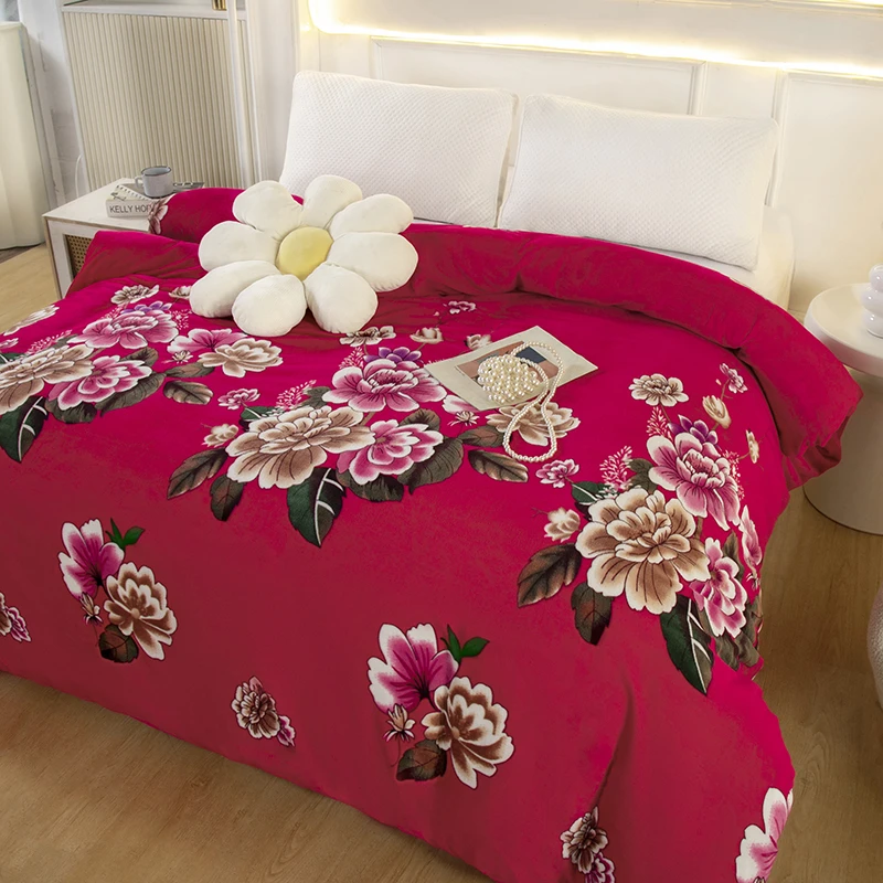 富贵花牛奶绒大被套法兰