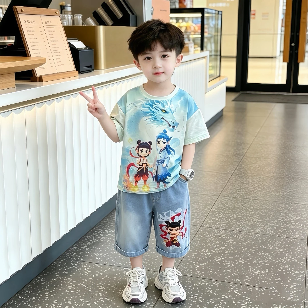 哪吒衣服男童夏季套装2026新款卡通宝宝痞帅两件套潮