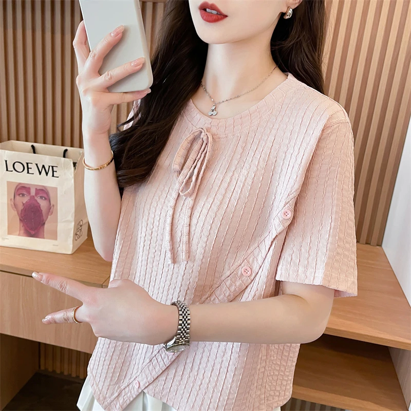 蝴蝶结短袖t恤女2025新款夏季韩版宽松设计感小众不规则百搭上衣