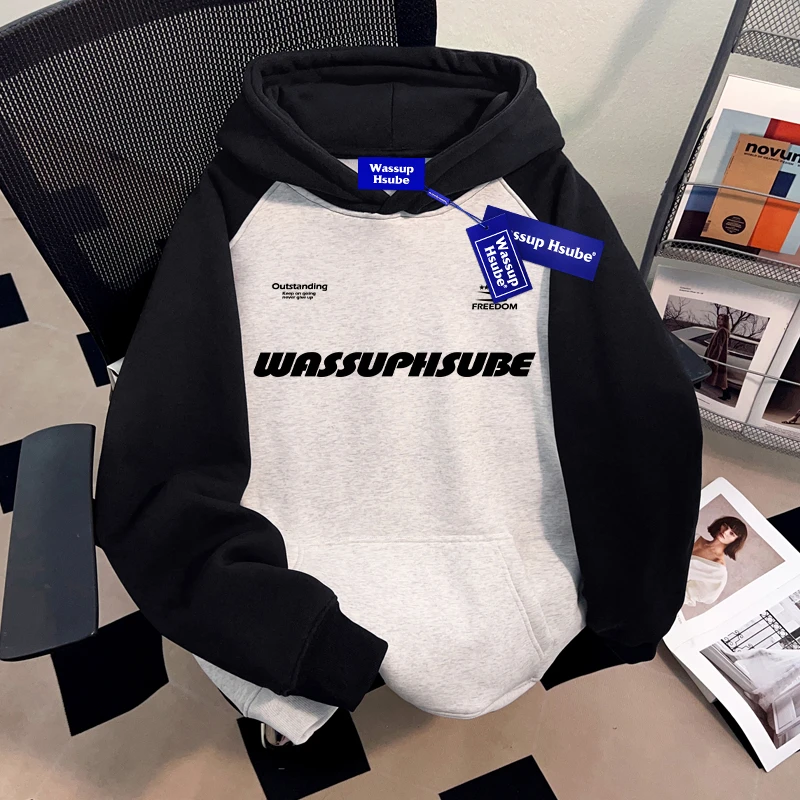 WASSUP HSUBE美式撞色拼接连帽套头卫衣男士秋冬重磅宽松休闲上衣