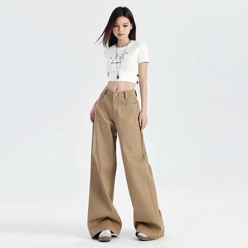 批发代发小众高级感拿铁棕纯色宽松阔腿中腰拖地裤牛仔裤长裤加长