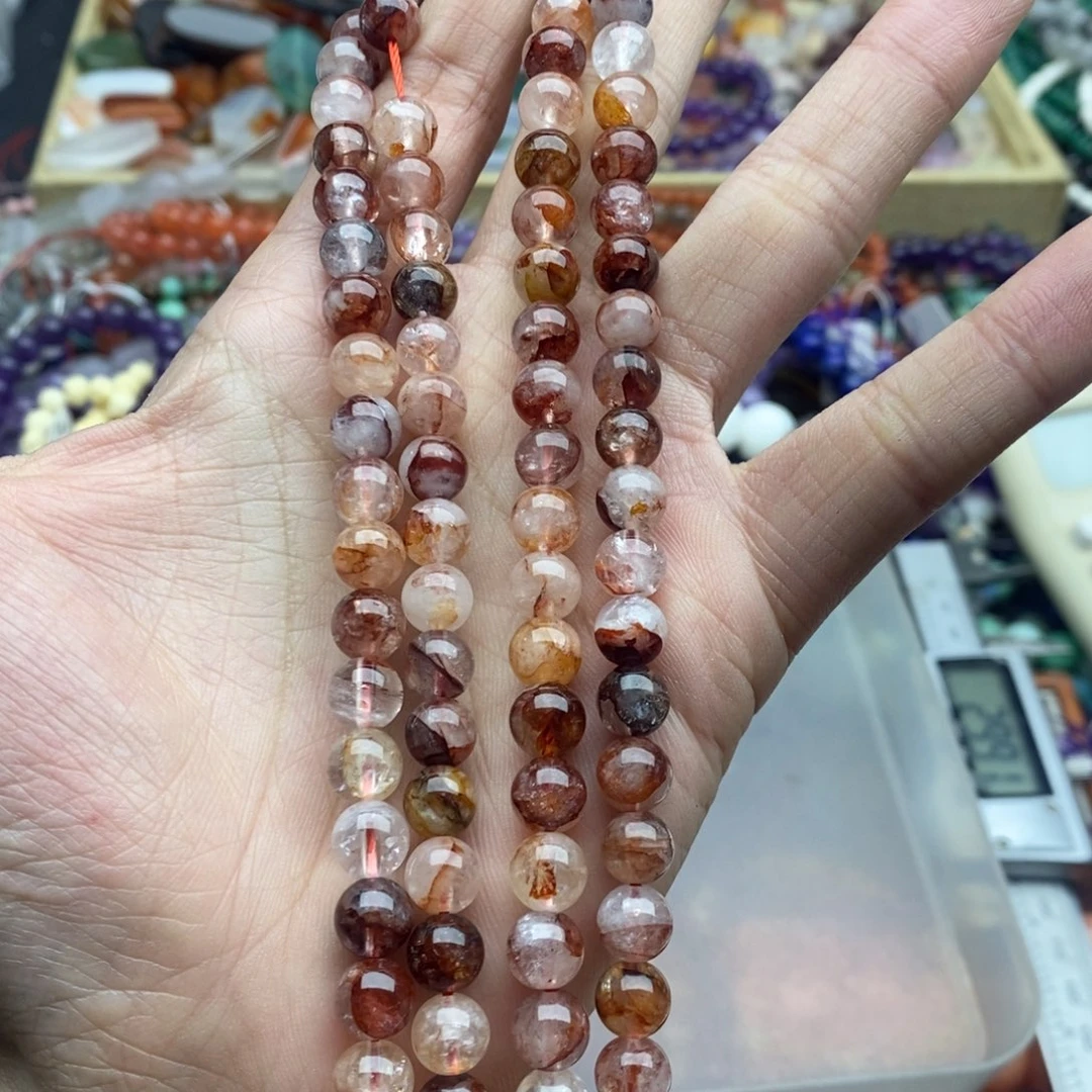 玛瑙/玉髓未镶嵌珠宝半成品一条7.7mm红胶花水晶圆珠天然A58