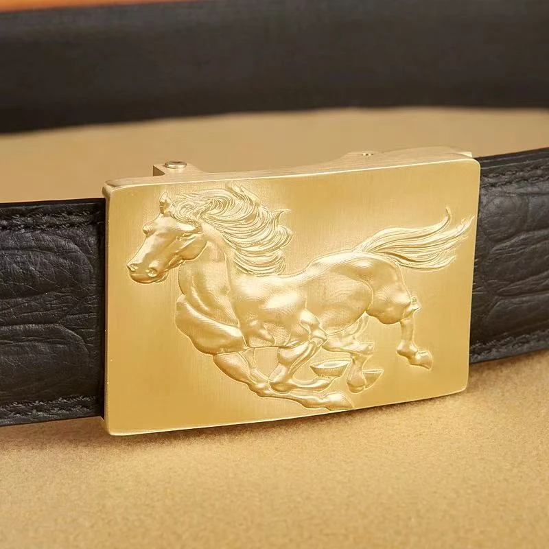 【品正定制】新款飞马自动扣套装头层牛皮黄铜扣男士腰带真皮