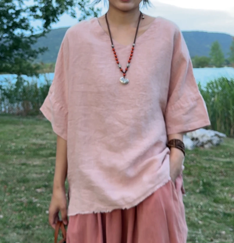 麻满｜砂洗亚麻V领下摆毛边短袖纯色T恤（胸围130 衣长66）