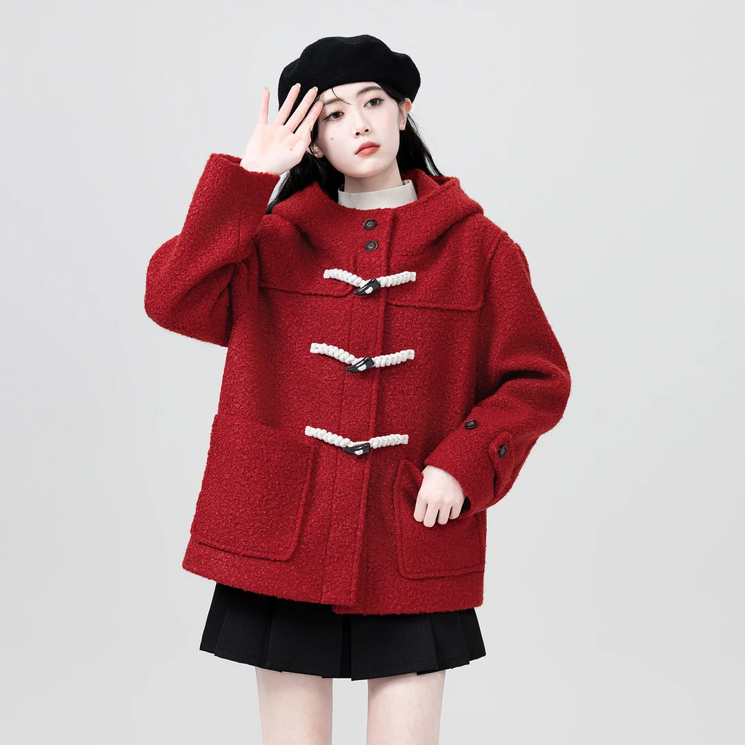 复古红色连帽毛呢外套女秋冬2025新款牛角扣加厚保暖呢子大衣上衣