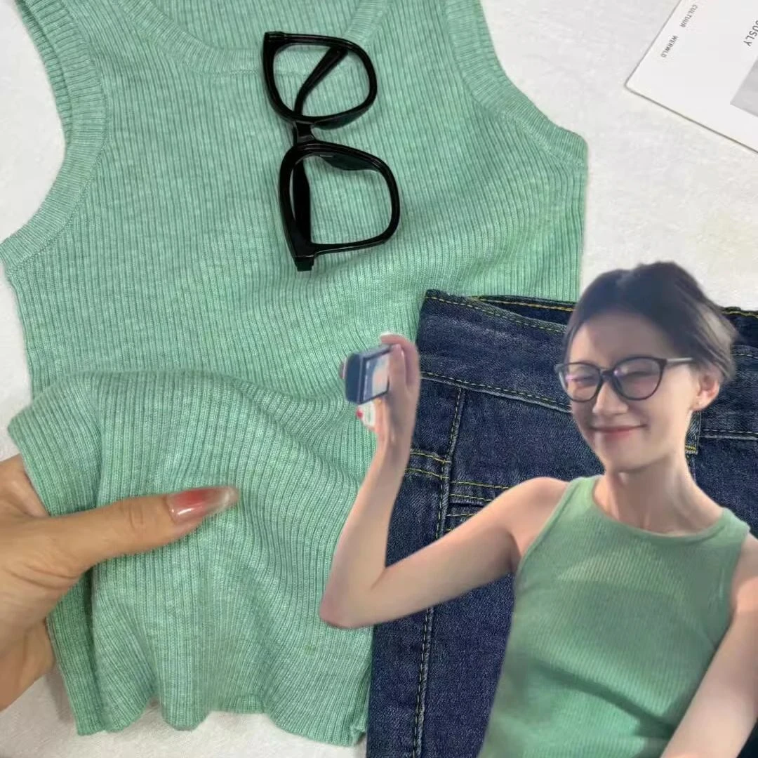 夏季外穿宽肩带遮副乳吊带多巴胺复古薄荷绿背心女辣妹短款上衣