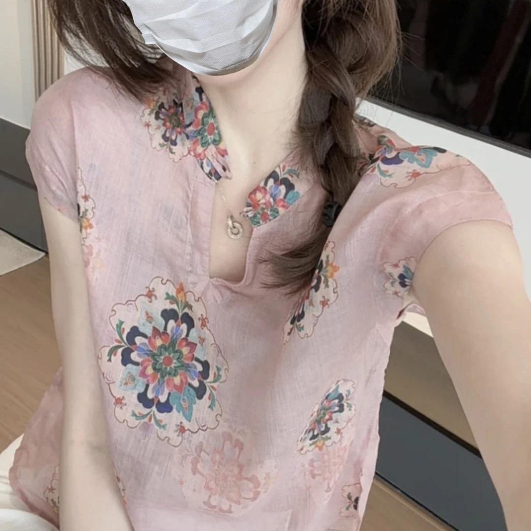 2025夏季新款女士新中式休闲气质盘扣衬衫小个子轻薄减龄短袖上衣