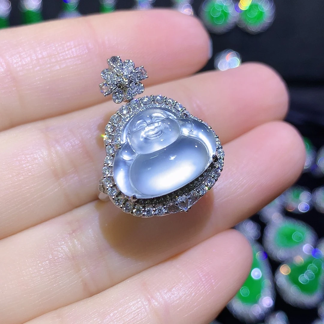 翡翠18K金镶嵌戒指玻璃种极光佛公两用款