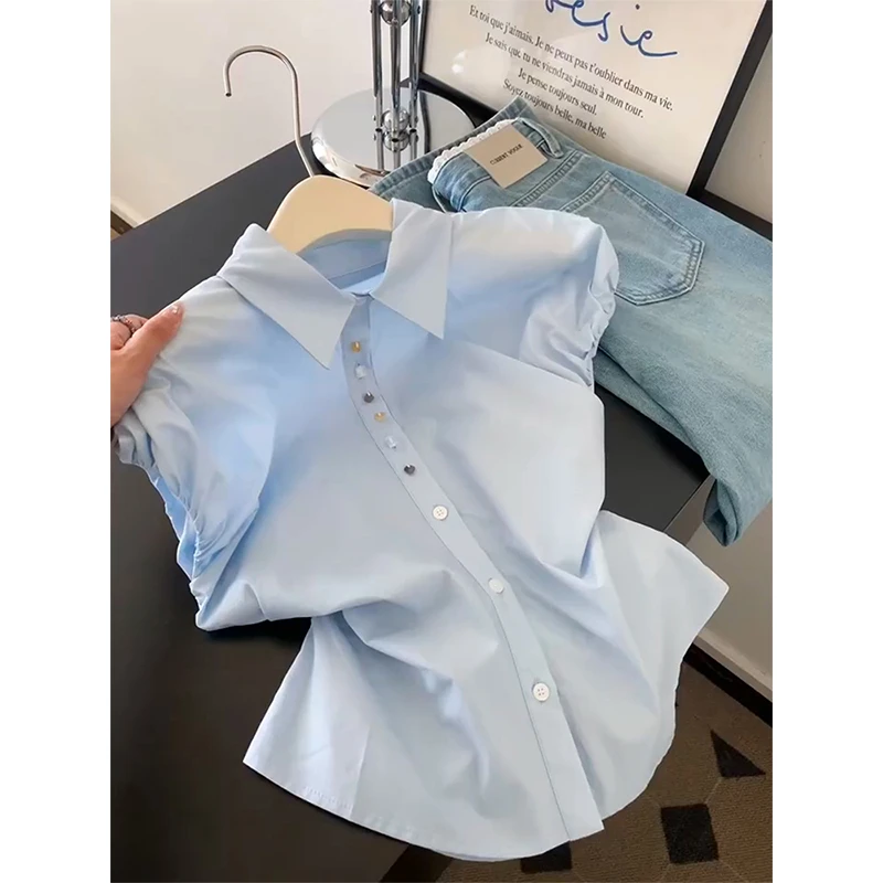 多巴胺独特漂亮初夏上衣收腰小个子减龄法式慵懒松弛感蓝色衬衫女