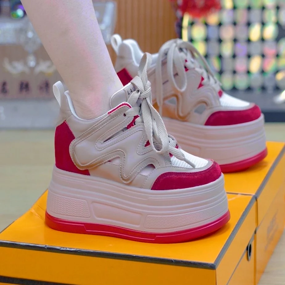 增高修面皮系带夏季女时尚休闲鞋运动女鞋tenniscore镂空厚底