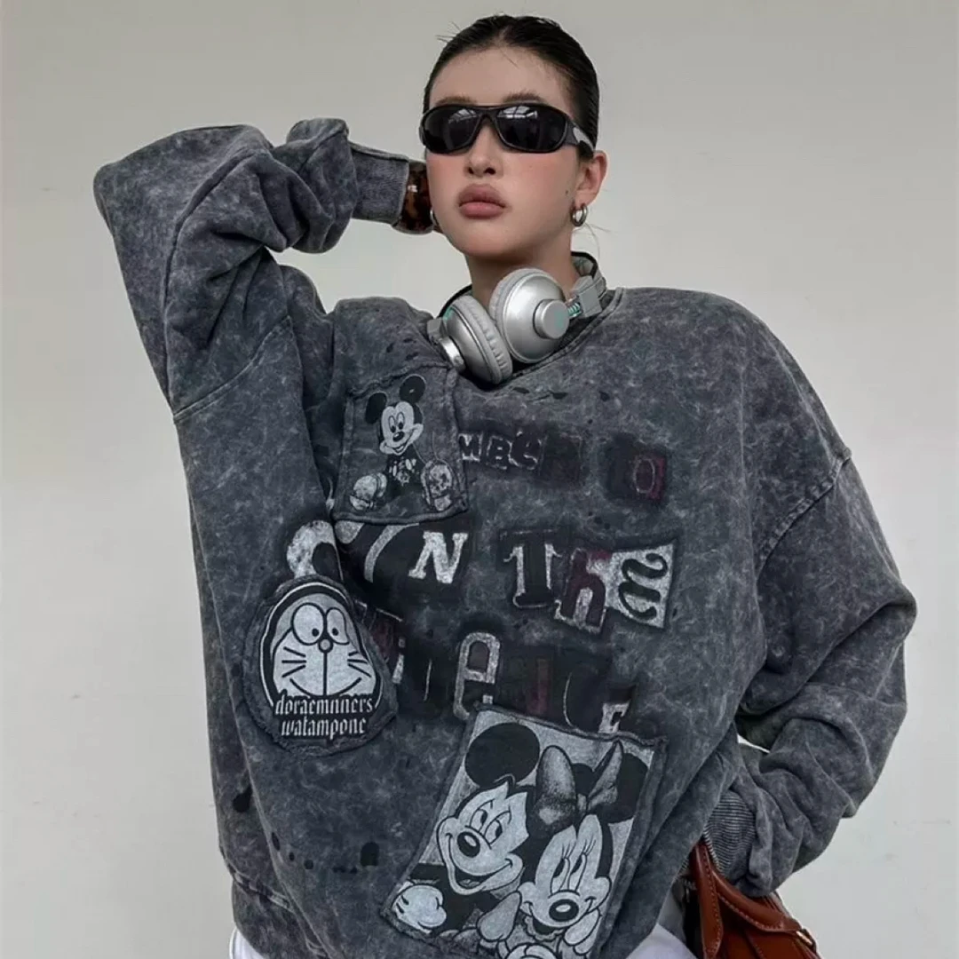 大码胖MM设计师款潮牌女装宽松美式服装版型黑色灰色风格圆领薄款
