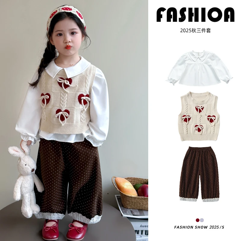 女童套装2025秋季新款儿童学院风毛衣马甲套装女宝春秋衣服三件套