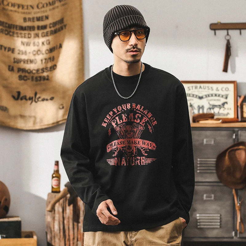 美式复古黑色重磅长袖T恤男秋季新款潮牌纯棉印花打底衫宽松上衣