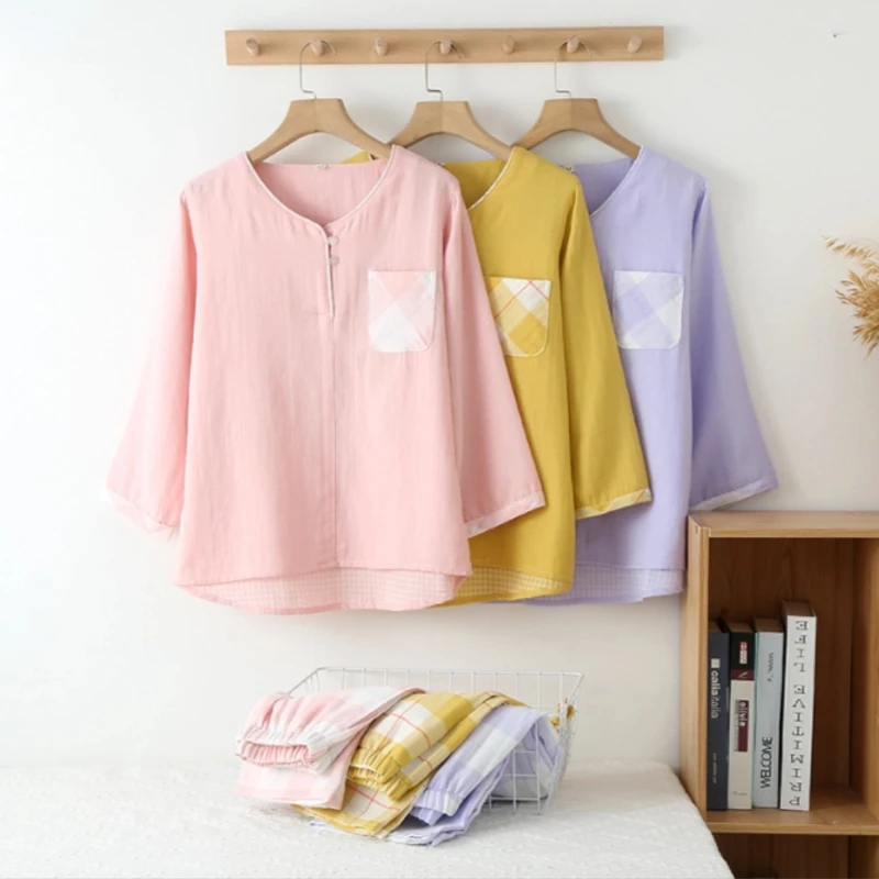 『沫里』春夏双层纯棉纱布七分袖九分裤睡衣家居服套装LZ2214