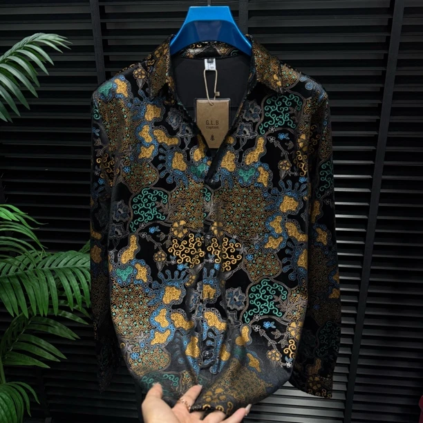 秋季新款男士提花工艺长袖复古修身休闲时尚潮流衬衫