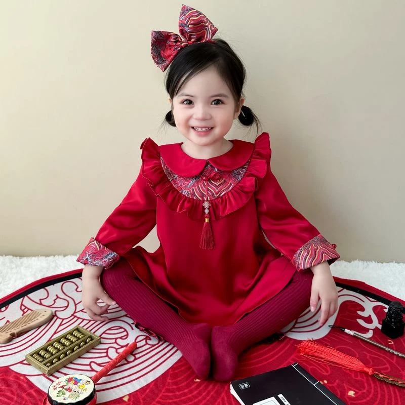 周岁礼服女宝宝秋冬加绒抓周一岁生日宴中式拜年服唐装女童公主裙