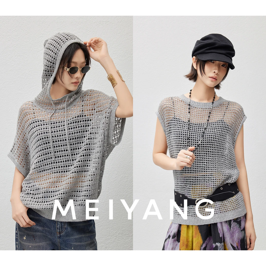 美洋MEIYANG【商场同款】芝麻酪针织衫 棉麻编织_镂空上衣