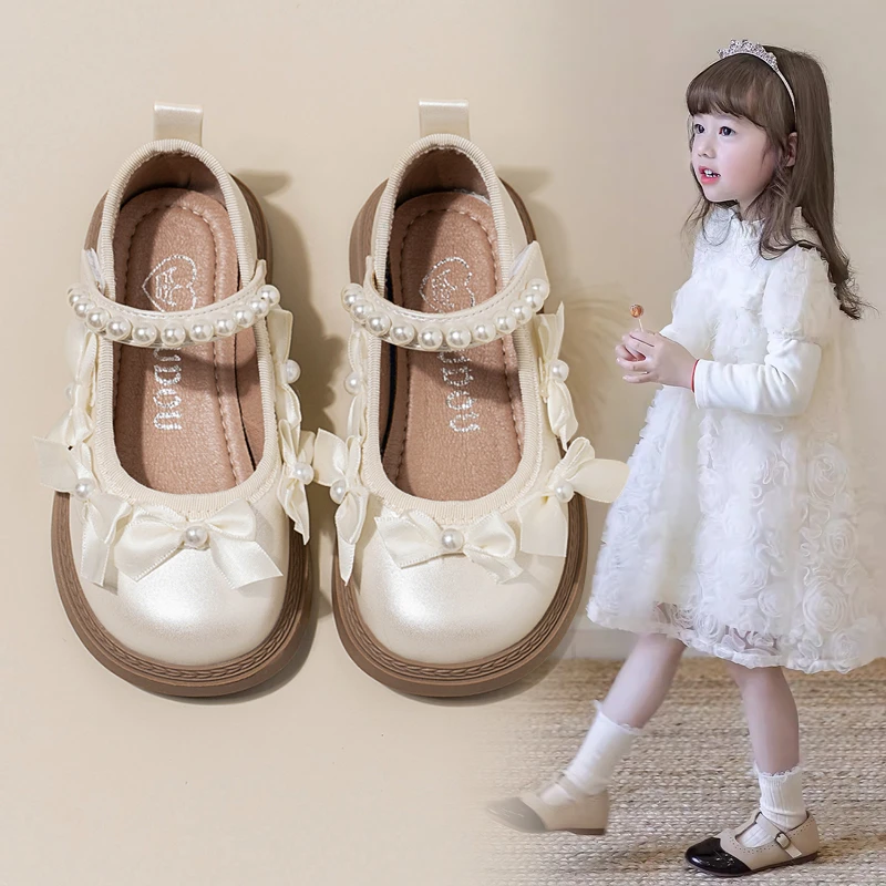 ABC 女童小皮鞋2025春秋季新款儿童洋气蝴蝶结珍珠公主鞋演出单鞋