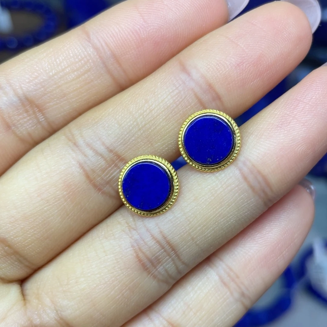 青金石银S925镀金镶嵌 10mm耳饰