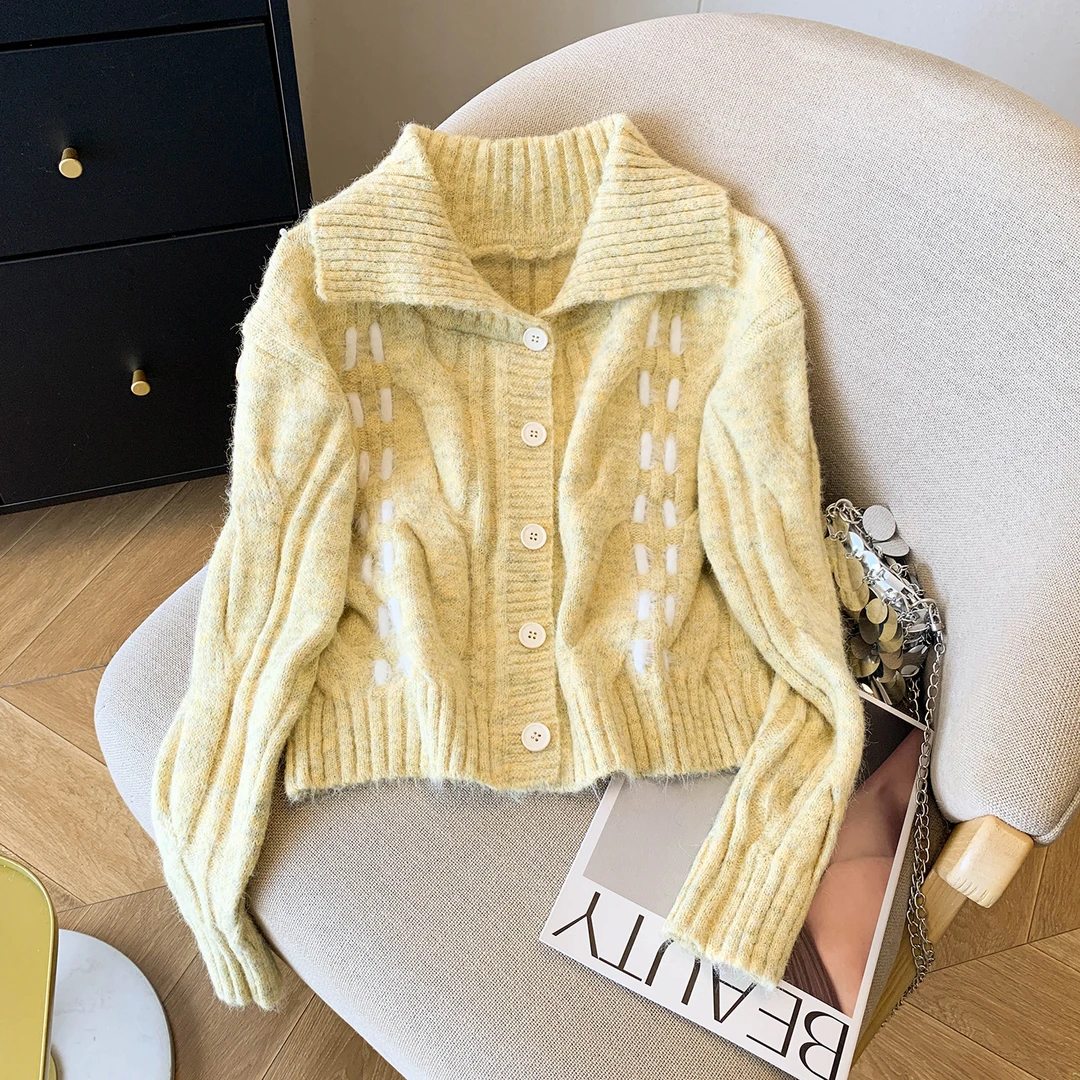 复古翻领短款长袖毛衣女2025秋季新款小个子宽松洋气针织开衫上衣