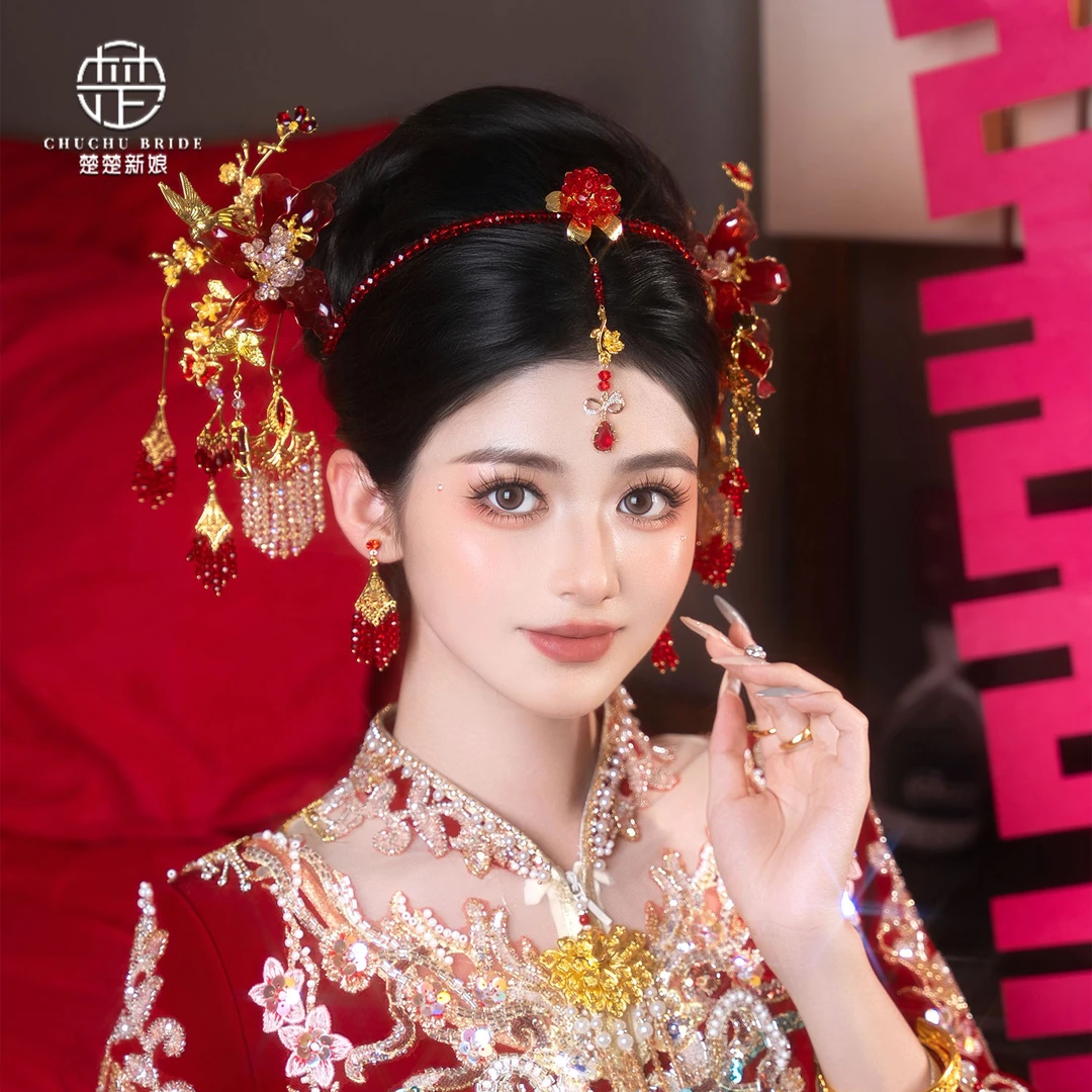 婚庆饰品新娘秀禾发饰大气中式发箍眉心坠结婚配饰龙凤褂晨袍饰品