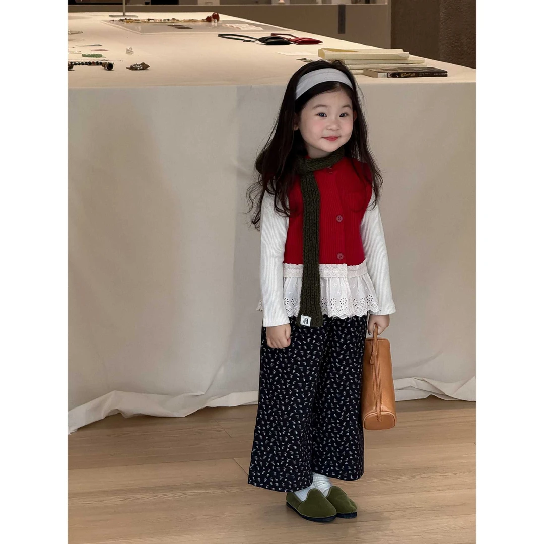 Bmy2025at 女童秋季新款韩版复古花边马甲内搭打底碎花裤套装