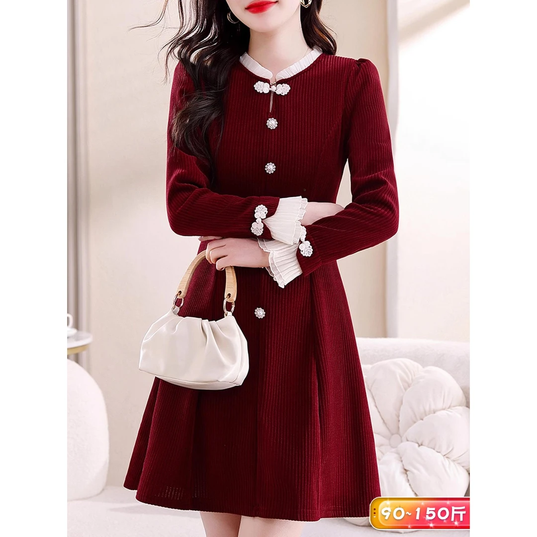 新中式气质少女改良旗袍裙秋季小个子大码女装红色黑色长袖连衣裙