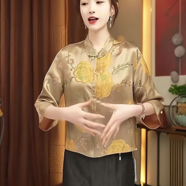 新中式国风高端洋气减龄中年衬衫女七分袖夏新款气质显瘦印花上衣