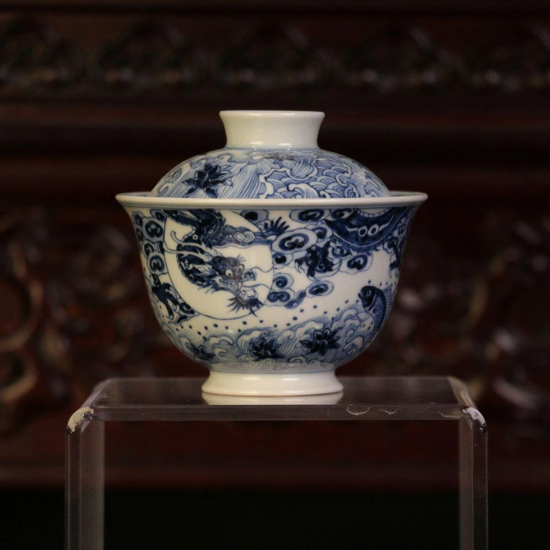 逸古堂|鱼化龙龙纹盖碗景德镇纯手工陶瓷茶杯手绘茶具泡茶专用