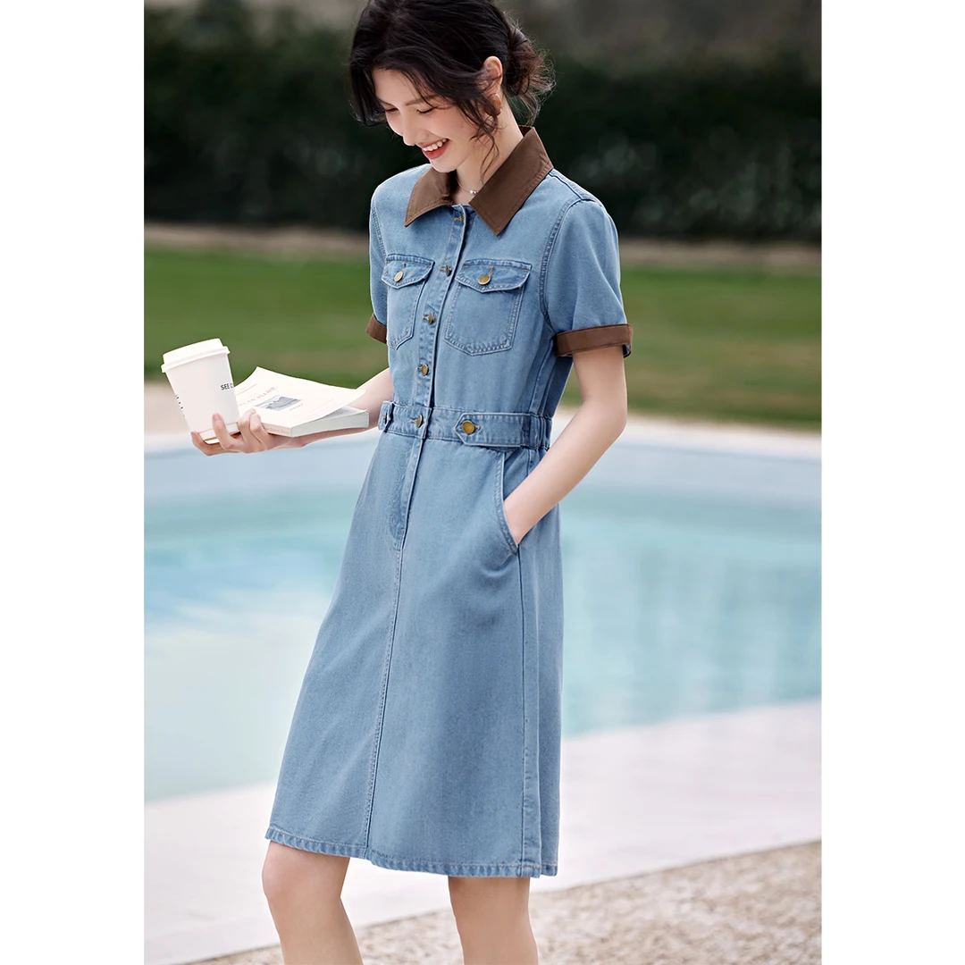 XWI/欣未2025夏季女款撞色女装连衣裙时尚休闲气质收腰牛仔裙5152