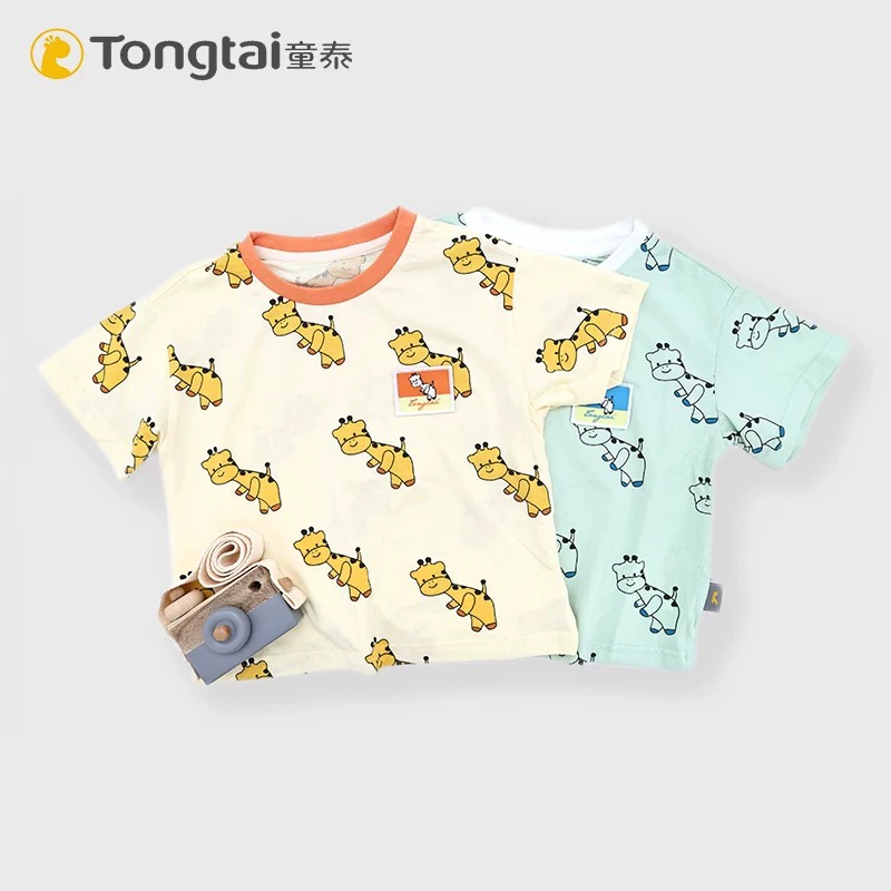 Tongtai/童泰夏季宽松莫代尔棉印花透气半袖满印点点鹿上衣短袖