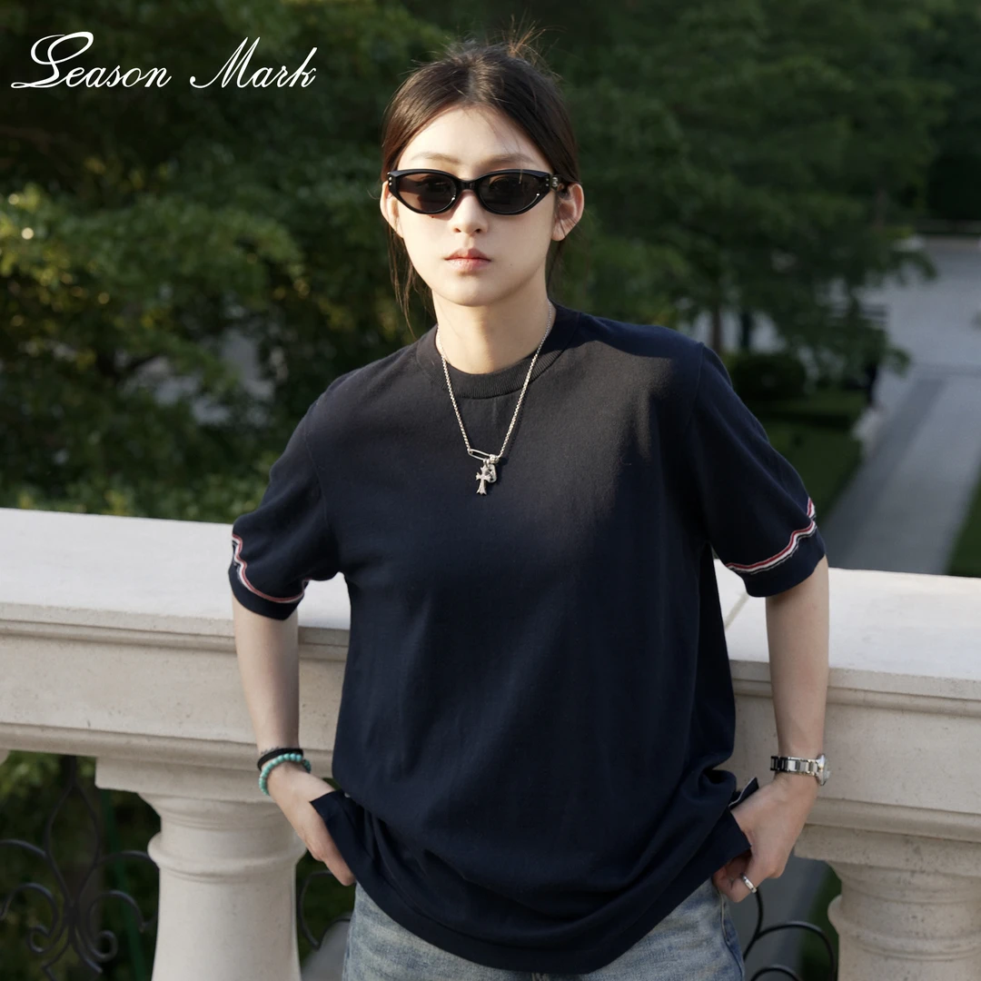 SEASONMARK新款织带针织圆领短袖时尚休闲百搭舒适透气情侣款T袖