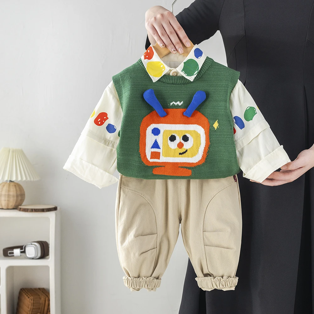 男童毛衣马甲三件套儿童春装开衫套装2025新款宝宝春秋款外出衣服