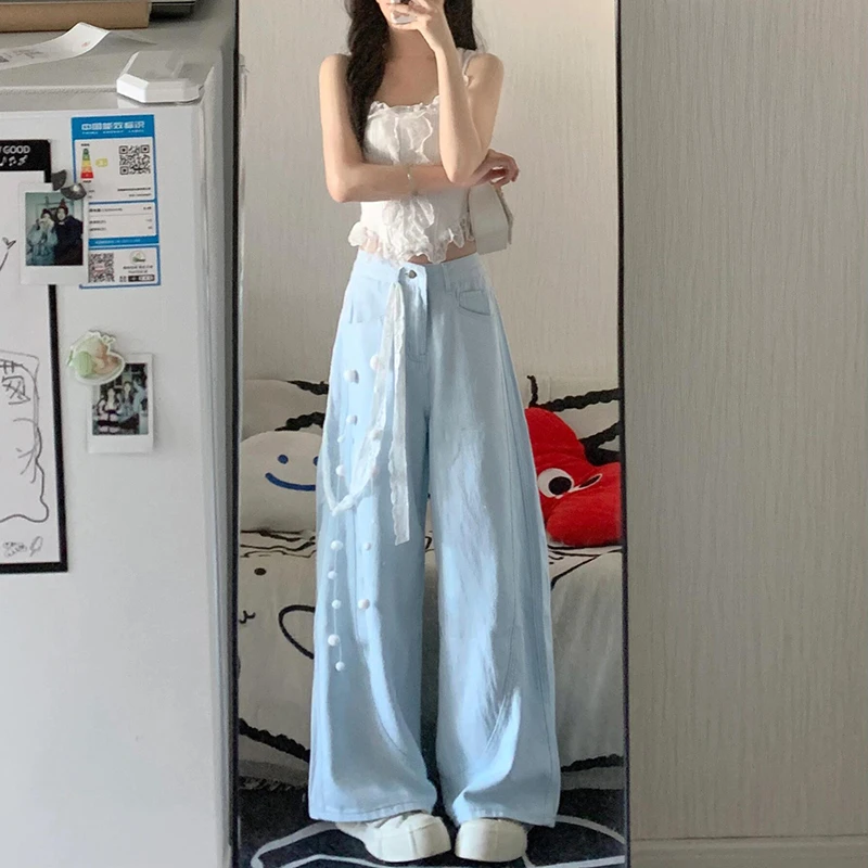 大码天空蓝简约阔腿牛仔裤女2025新款春秋宽松显瘦垂坠感拖地裤子