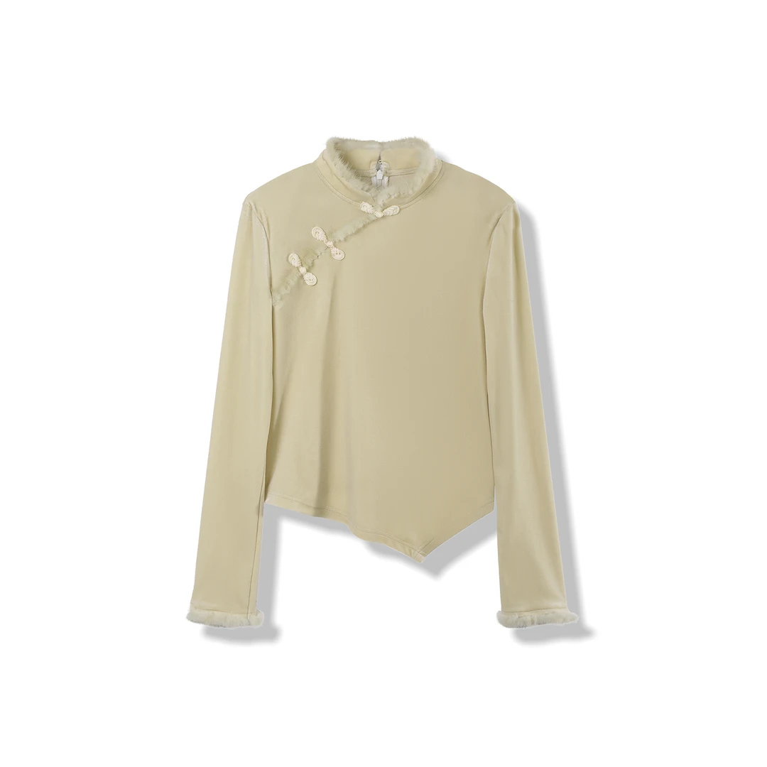 【龙哥专属】T7350557H 秋冬国风时尚螺旋扣毛绒袖设计长袖上衣