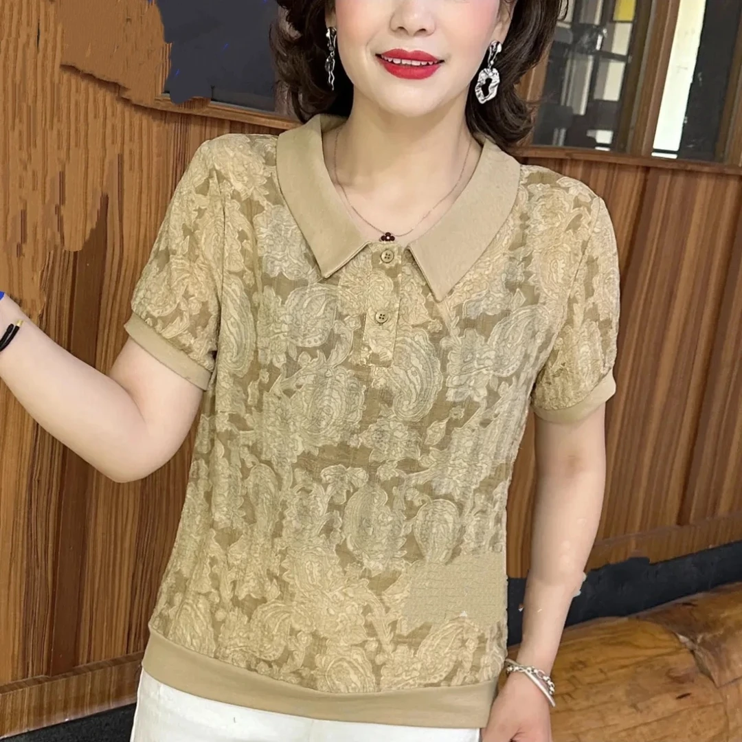 时尚妈妈装夏天翻领潮牌宽松薄款提花短袖女洋气百搭POLO衫X2586