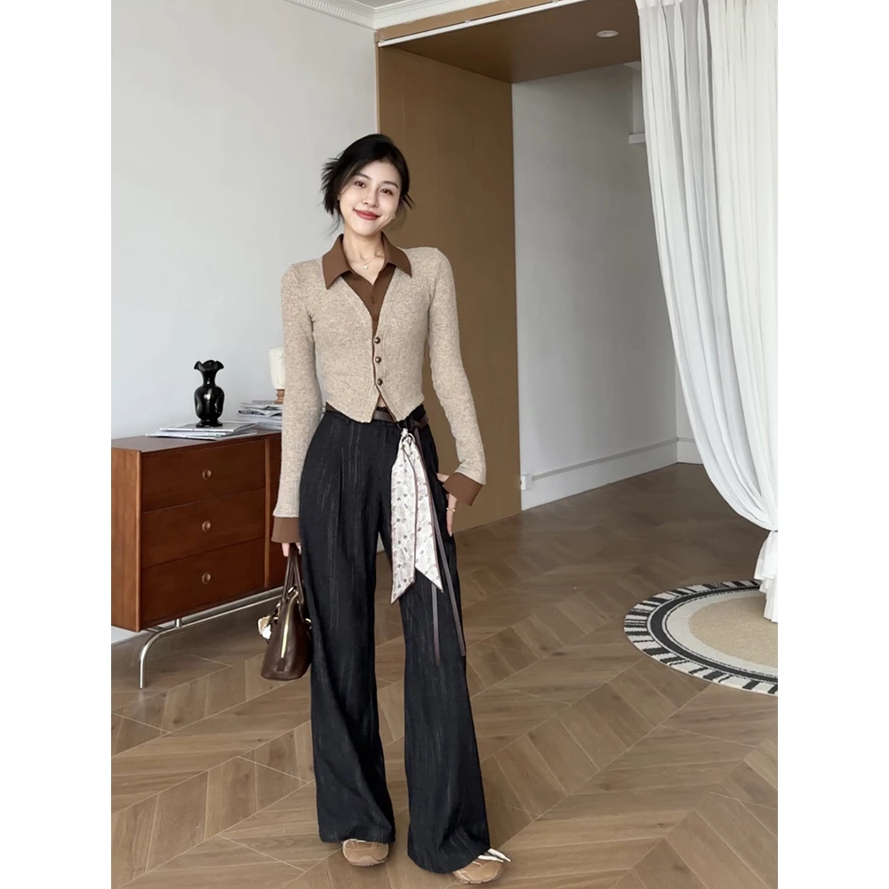 张阿星【加州旧刊】复古老钱风撞色Polo修身衬衫+飘带垂感直筒裤