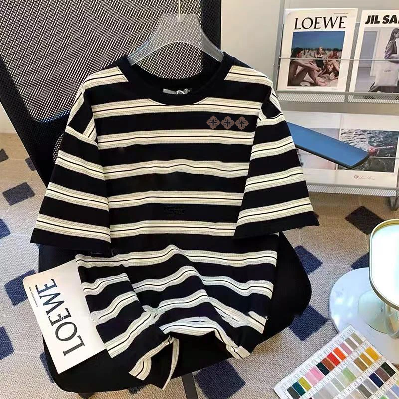 奥特莱斯~清仓捡漏夏季条纹短袖圆领印花T恤百搭情侣运动半袖ins