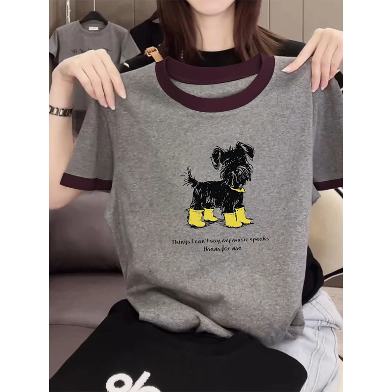 插肩撞色短袖t恤女2025年夏季宽松显瘦新款百搭拼色体恤正肩上衣