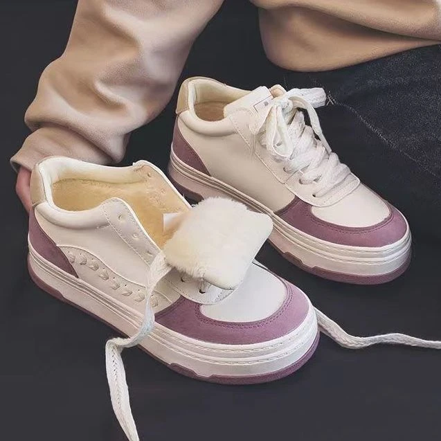可爱麦穗线条冬季加绒百搭高帮棉鞋女鞋米紫韩版秋冬厚底【21956D】