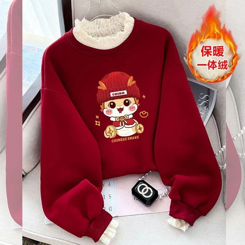 2025新年红色半高领卫衣女学生秋冬加绒蕾丝宽松时尚假两件上衣潮