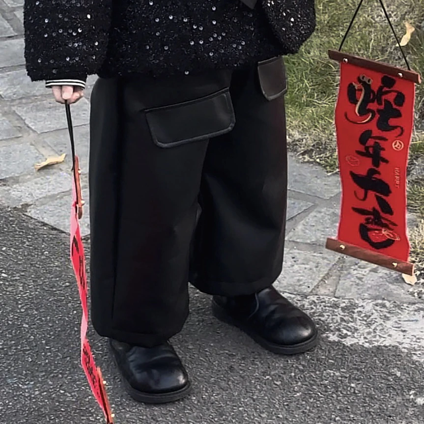 【现货】Jimmy妈童装 不挑腿型 冬季儿童加绒加厚假两件阔腿裤皮裤