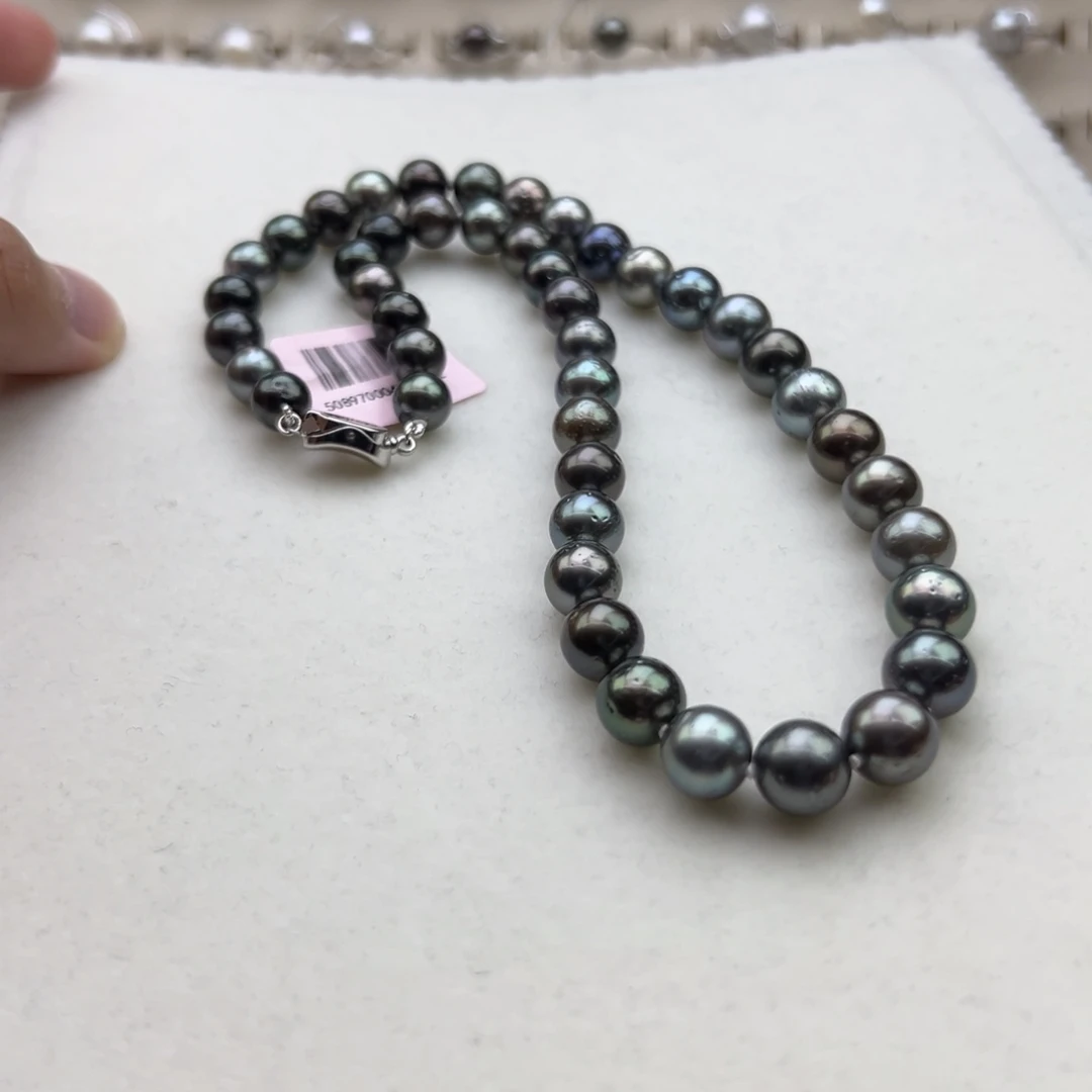 银S925镶嵌项链海水珍珠8-10mm大溪地混彩项链