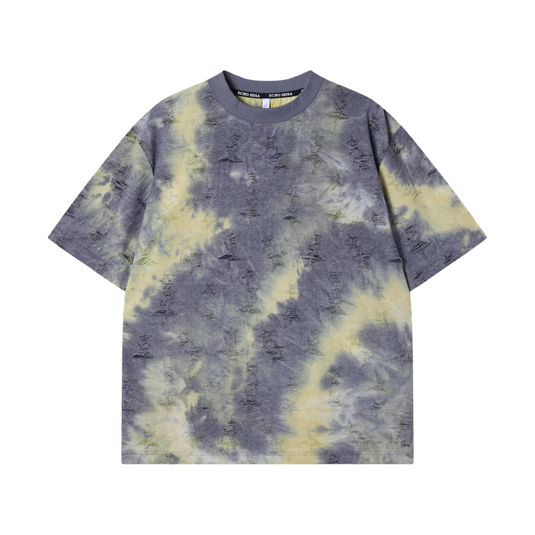 夏季高级感新款扎染晕染星星磨破星星圆领短袖T恤痞帅嘻哈上衣