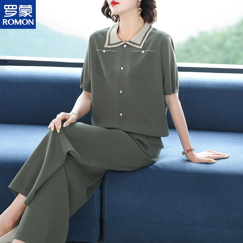 罗蒙休闲运动套装中老年夏季洋气妈妈装冰丝薄款短袖t恤两件套