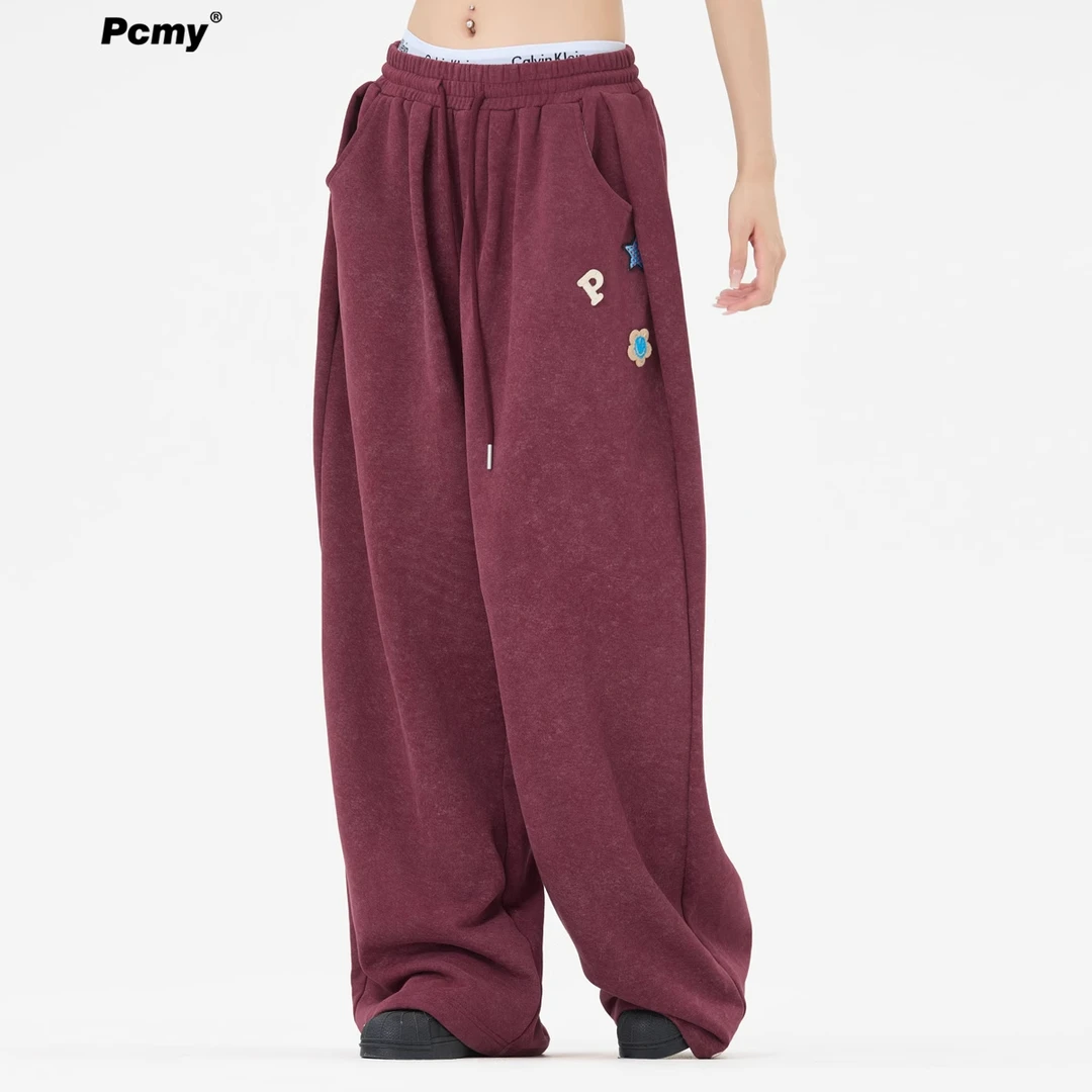 PCMY潮牌小花朵刺绣卫裤2025秋季新款宽松时尚百搭休闲运动长裤子